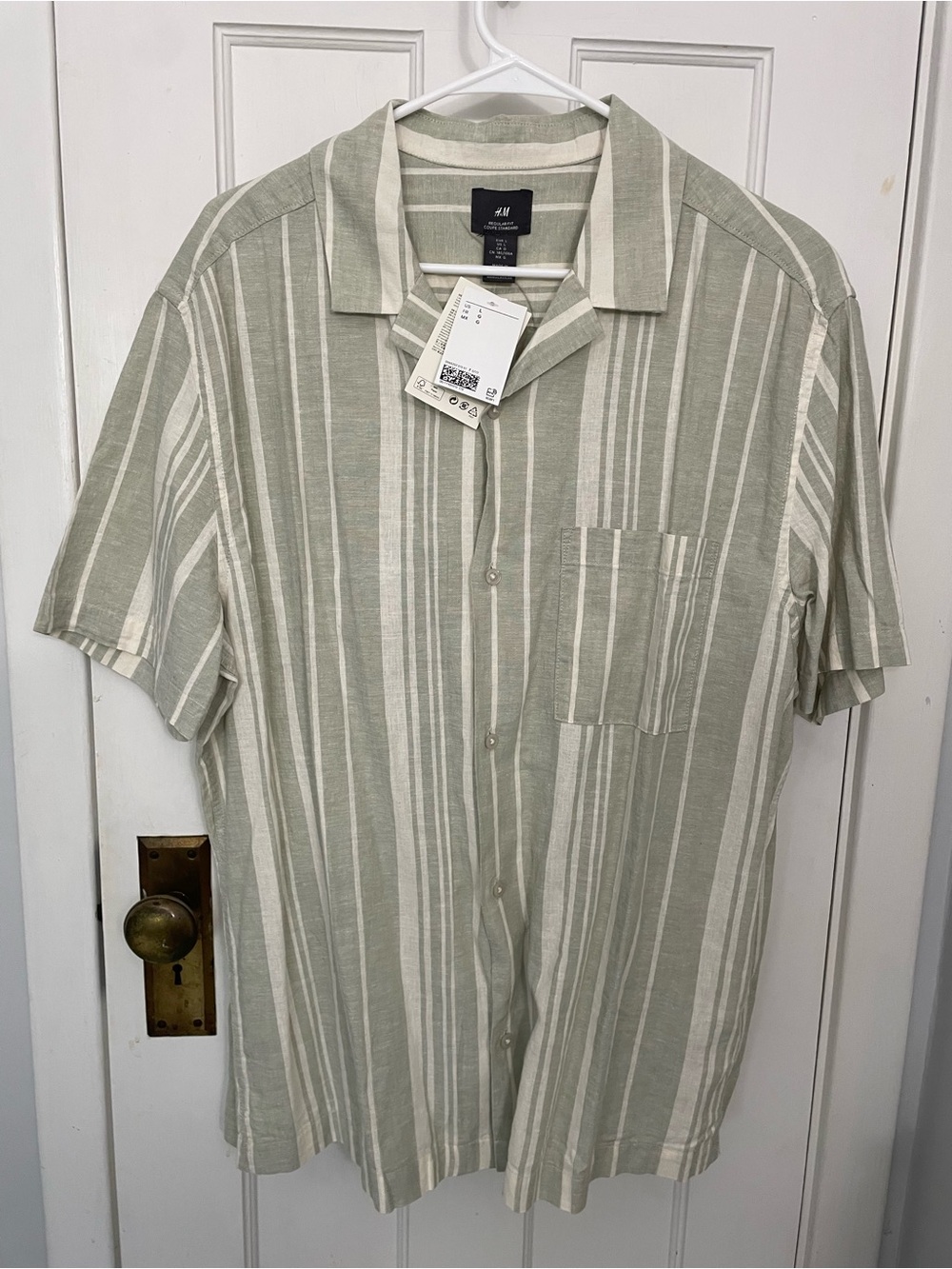 H&M Men’s Linen-blend Short-Sleeve Vertical Stripe Shirt - Sage Green/White